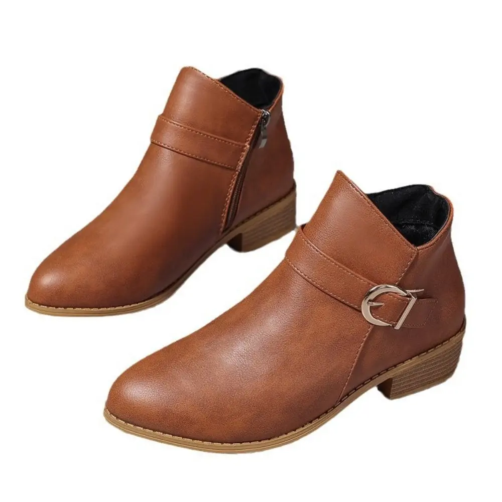 Retro Buckle Strap Ankle Boots Women Low Heels Brown Platform PU Leather Boots Woman 2024 Autumn Side Zipper Short Botas