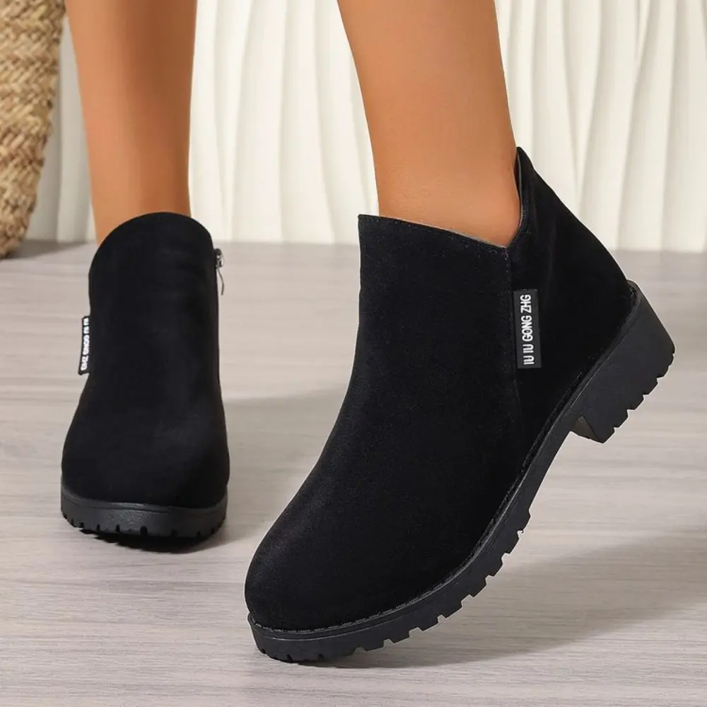 New Winter Casual and Comfortable Thick-soled Round-toe Black Sexy Elegant Warm Square-heeled Short Boots for Women 2024