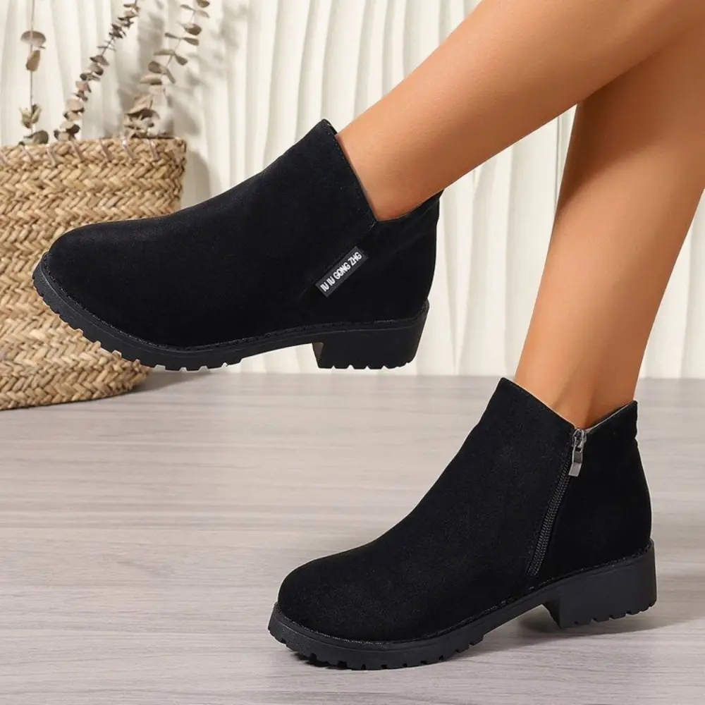 New Winter Casual and Comfortable Thick-soled Round-toe Black Sexy Elegant Warm Square-heeled Short Boots for Women 2024
