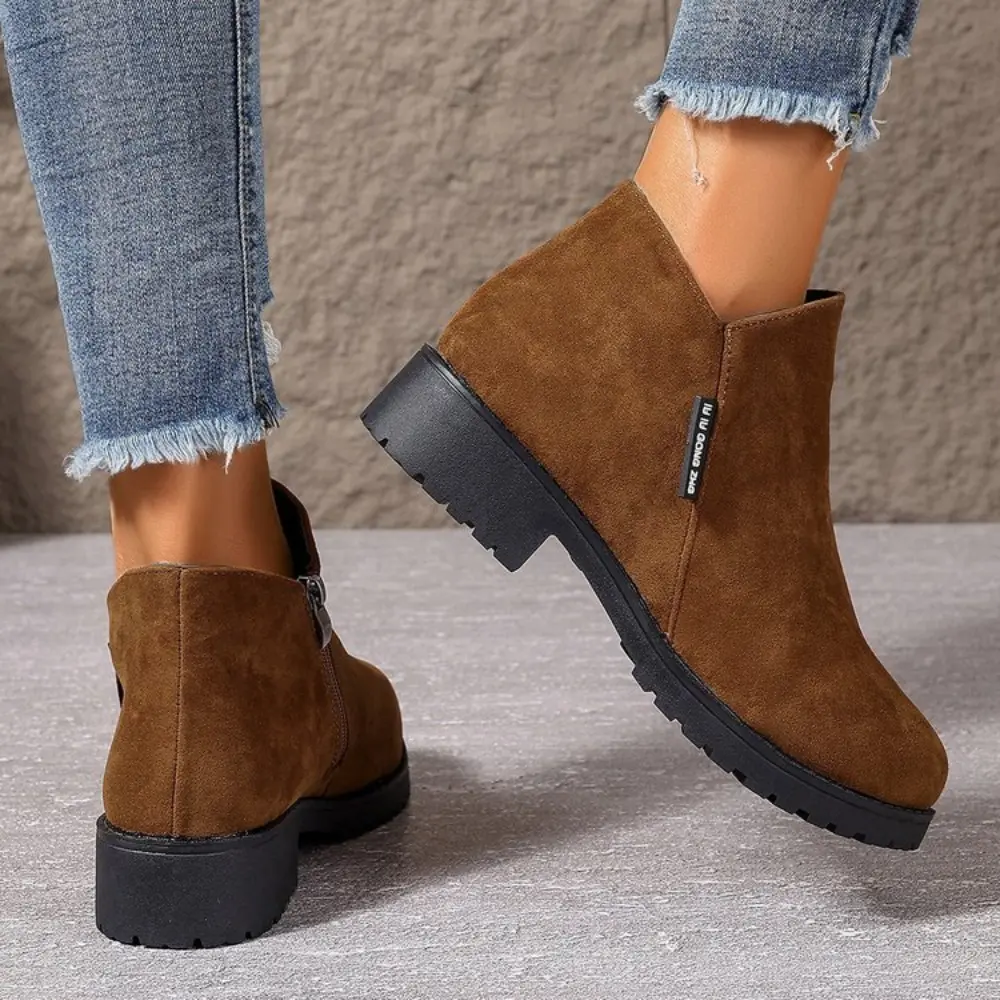 New Winter Casual and Comfortable Thick-soled Round-toe Black Sexy Elegant Warm Square-heeled Short Boots for Women 2024