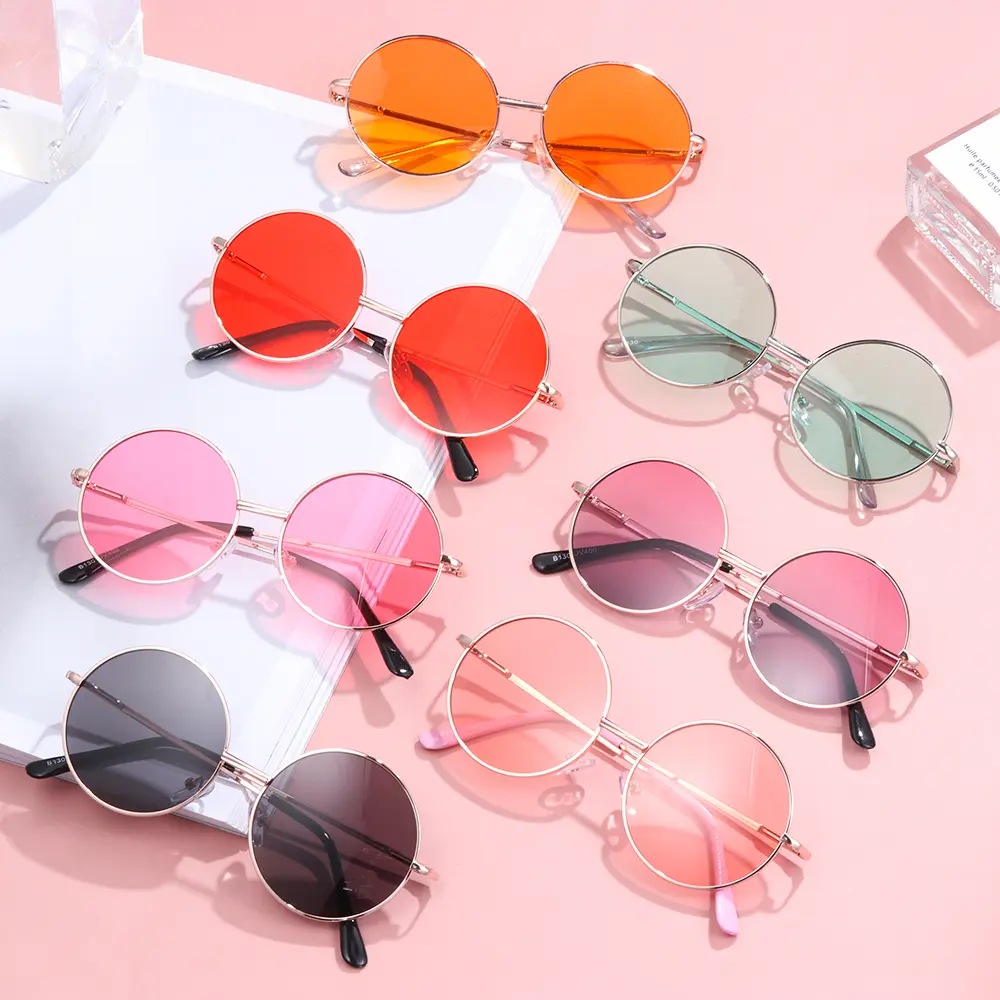 NEW Summer Child Retro Round Frame Sunglasses Children Kids Black Pink Red Lens Fashion Boys Girls UV400 Protection Eyewear 14mm
