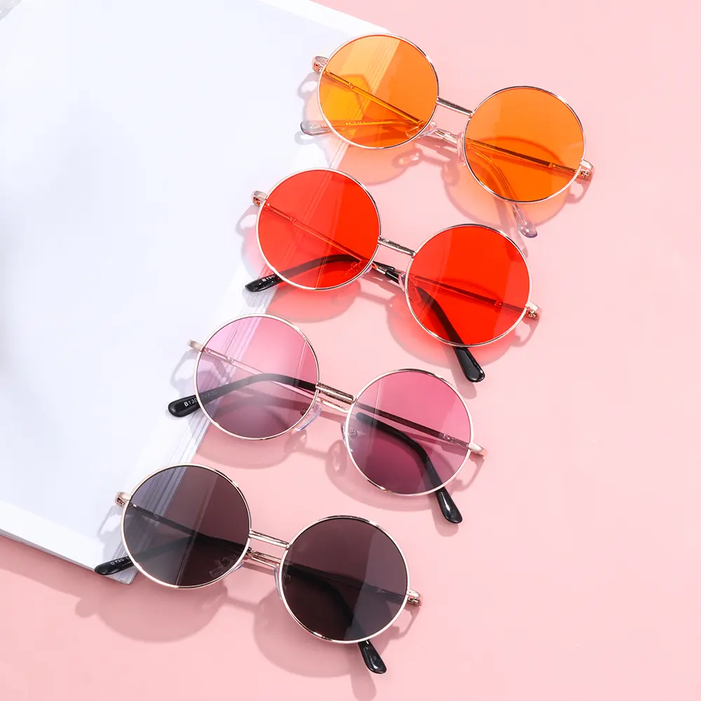 NEW Summer Child Retro Round Frame Sunglasses Children Kids Black Pink Red Lens Fashion Boys Girls UV400 Protection Eyewear 14mm