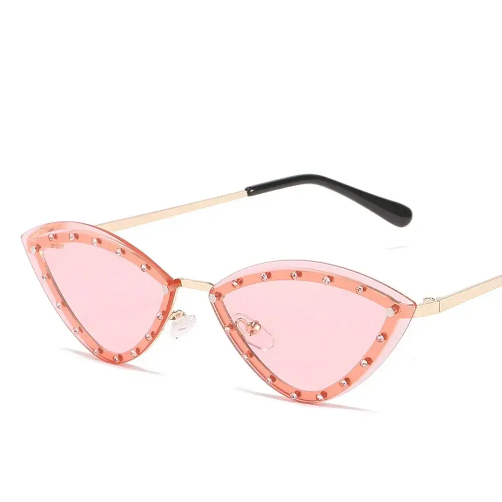 2025 New Brand Triangle Cat Eye Sunglasses Alloy Rimless Crystal Shiny Sun Glasses Female Unique Elegant Green Rhinestone Shades