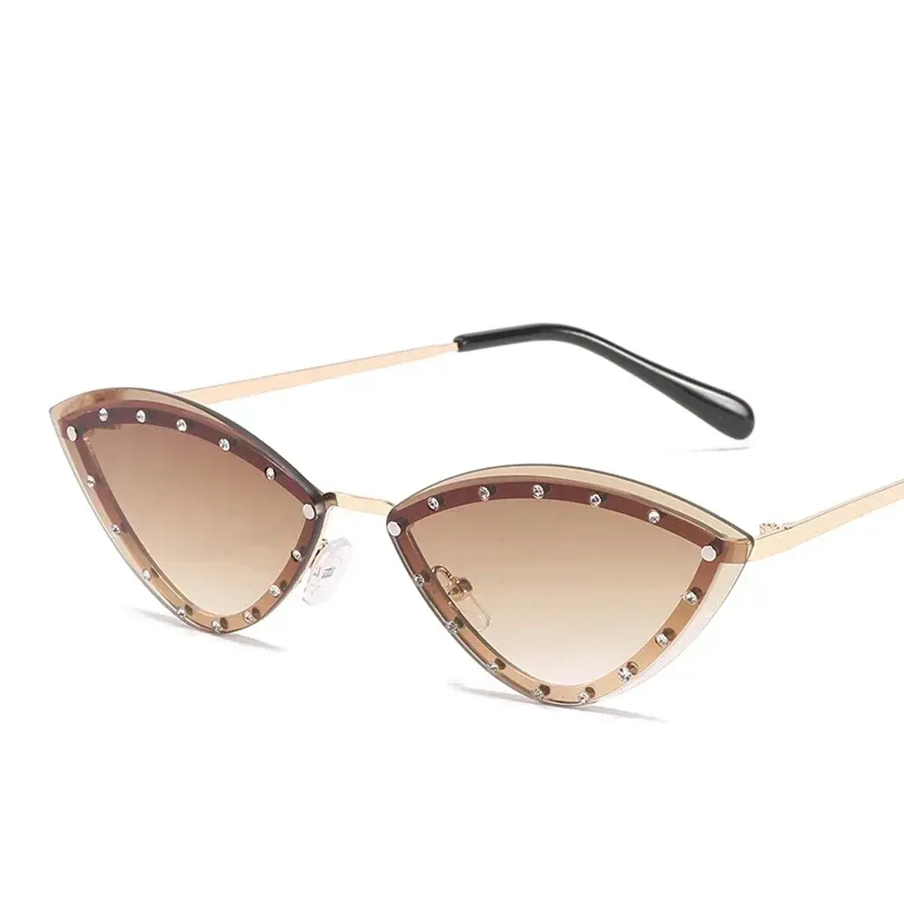 2025 New Brand Triangle Cat Eye Sunglasses Alloy Rimless Crystal Shiny Sun Glasses Female Unique Elegant Green Rhinestone Shades
