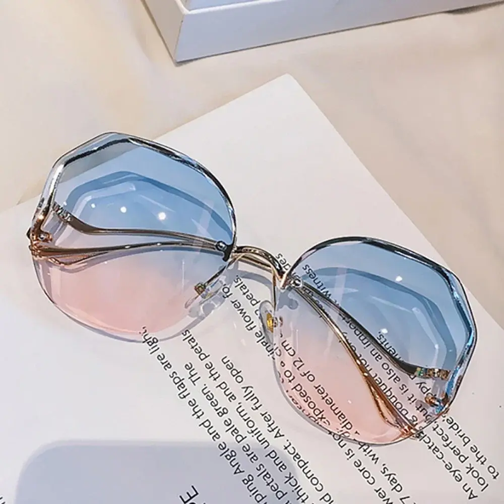 Gradient Fashion Sun Glasses Brand Designer Irregular Round Sunglasses Metal Curved Temples Female Rimless Oculos De Sol