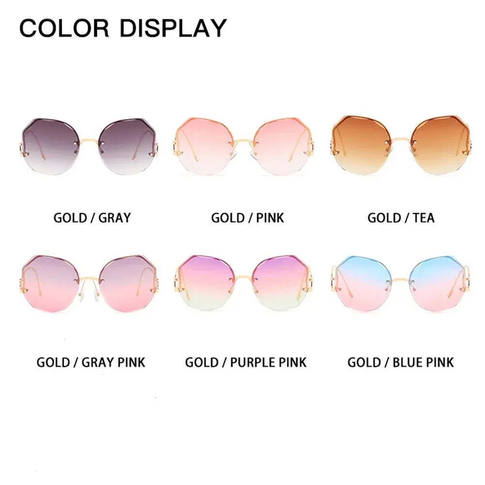 Gradient Fashion Sun Glasses Brand Designer Irregular Round Sunglasses Metal Curved Temples Female Rimless Oculos De Sol