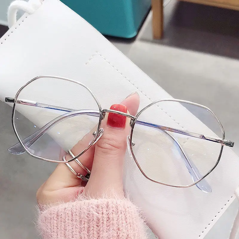 Retro Unisex Polygon Anti Blue Light Glasses Metal Frame Flat Ocular Fashion Comfortable Transparent Spectacle For Women Men