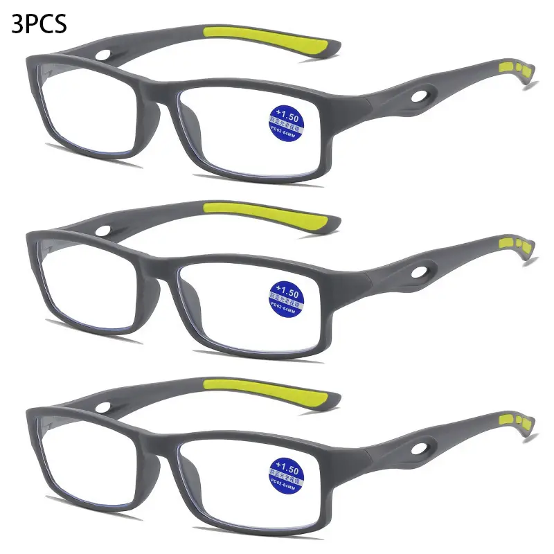 3/5PCS Sport Style Non-Prescription Reading Glasses Anti-Blue Light Rectangular Full Rim Eyewear, PC Frame Material