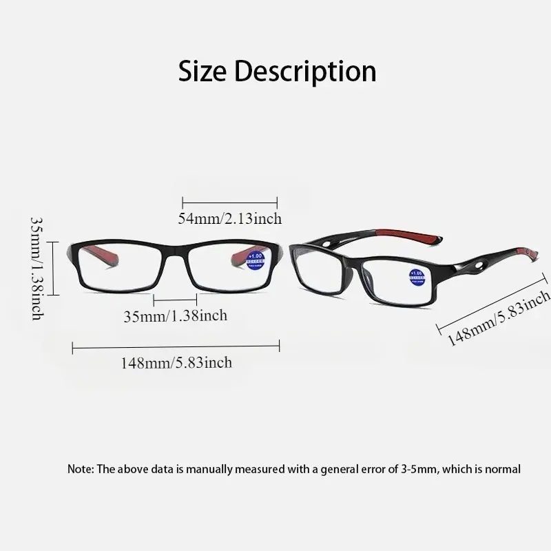 3/5PCS Sport Style Non-Prescription Reading Glasses Anti-Blue Light Rectangular Full Rim Eyewear, PC Frame Material