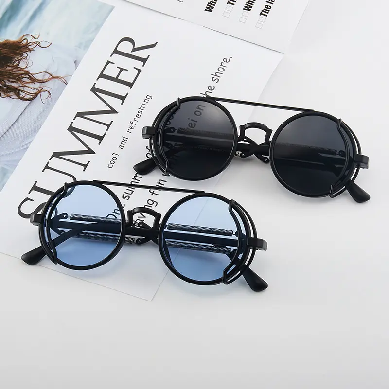 2023 New Steampunk Sunglasses Men Round Red Lens Punk Sun Glasses Black Gothic Style Women UV400 Shades