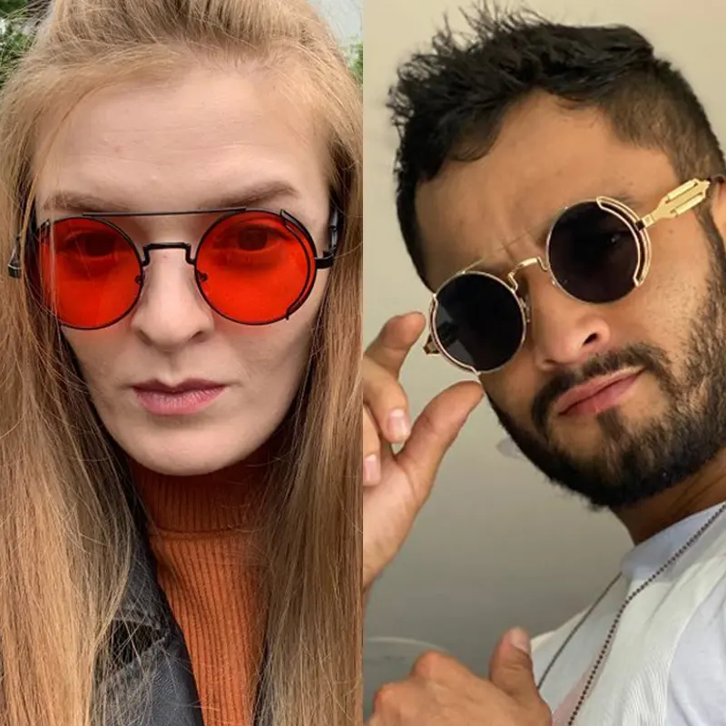 2023 New Steampunk Sunglasses Men Round Red Lens Punk Sun Glasses Black Gothic Style Women UV400 Shades