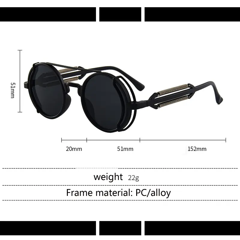 2023 New Steampunk Sunglasses Men Round Red Lens Punk Sun Glasses Black Gothic Style Women UV400 Shades