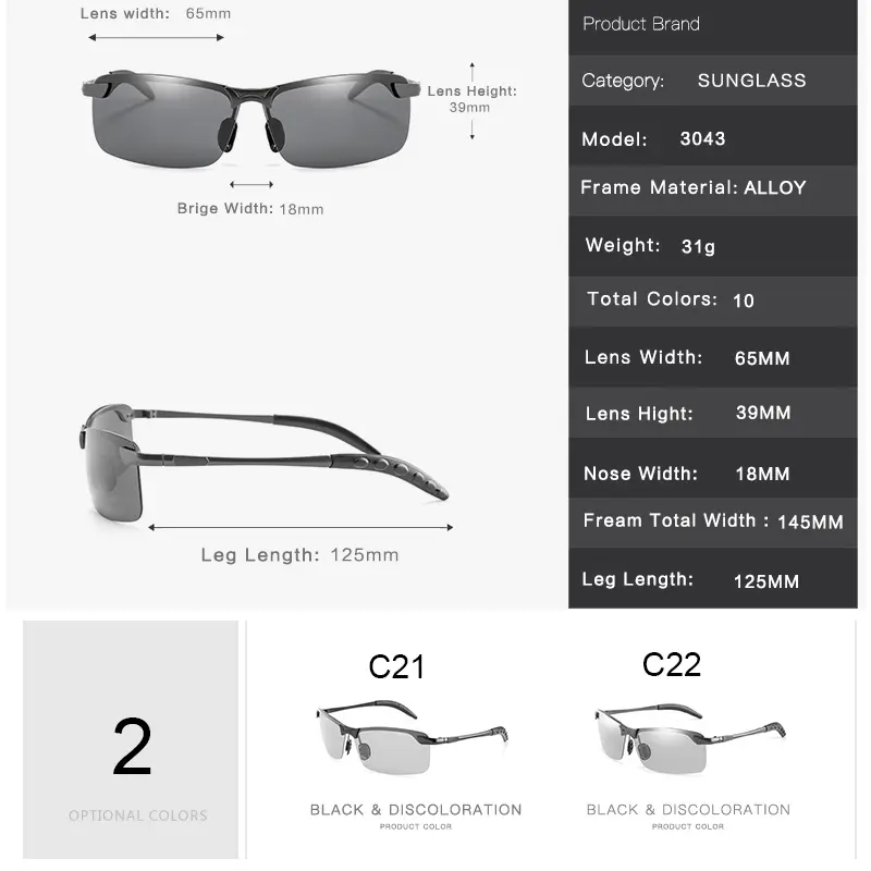 Photochromic Sunglasses Man Polarized Glasses Male Change Color Polaroid Sun Glasses for Men Sports Driving UV400 Gafas de sol