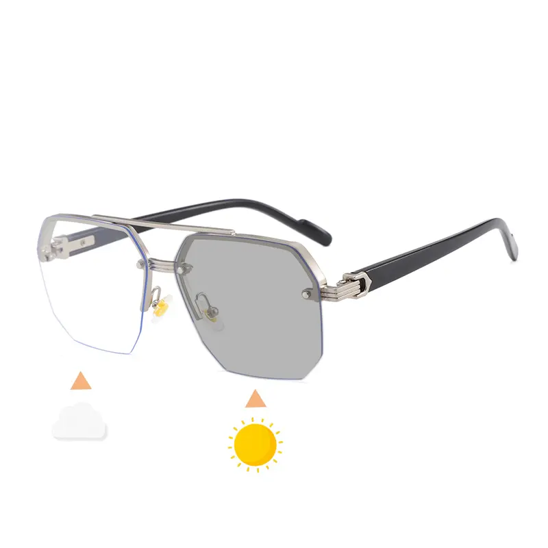 Luxury Metal Photochromic Sunglasses Men Women Vintage Double Beam Sun Glasses Stylish Chameleon Anti-glare Driving Shades UV400