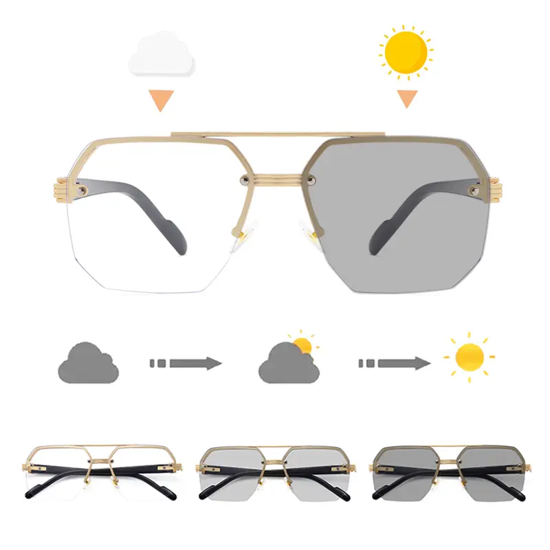 Luxury Metal Photochromic Sunglasses Men Women Vintage Double Beam Sun Glasses Stylish Chameleon Anti-glare Driving Shades UV400