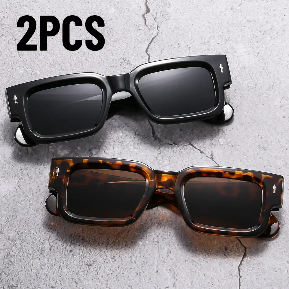 2PCS New Men's Personality Minimalist Style Sunglasses Fashion Cool Retro Rectangle Glasses Oculos De Sol Femino UV400