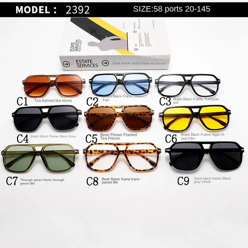 2PACK Vintage Double Bridge Black Sunglasses Women Oversized Square Frame Luxury Shades Sun Glasses Female Pilot Eyewear