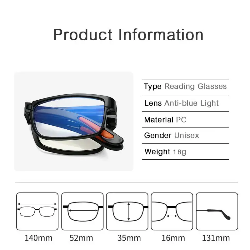 Fashion Far Sight Glasses TR90 High Definition Resin Presbyopic Glasses Portable Folding Square Frame Anti-blue Reading Glasses