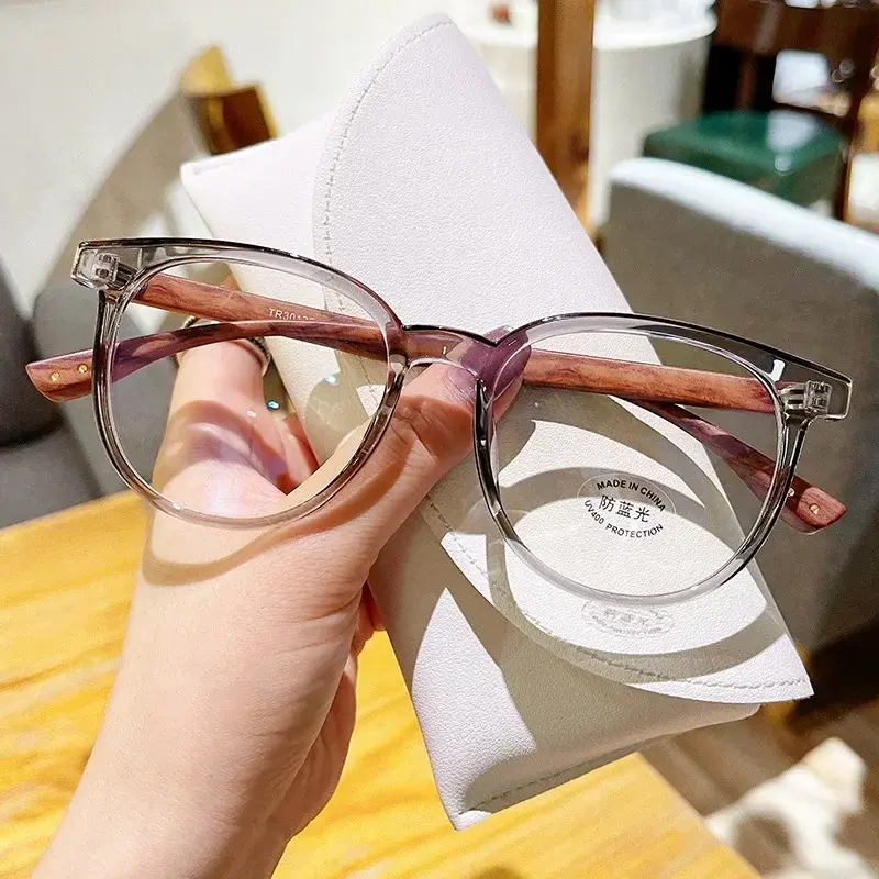 Retro Wood Grain Round Frame Myopia Glasses Anti-blue Light Near Sight Eyewear Ultra Light Large Frame Short Sight Glasses
