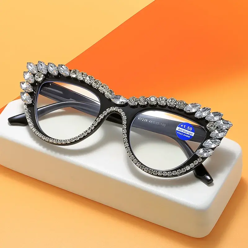 2025 Trendy Diamond Inlaid Presbyopia Eyewear Personalized Cat Eye Reading Glasses Women Anti Blue Light Far Sight Glasses