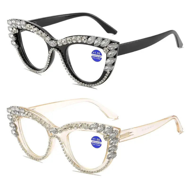 2025 Trendy Diamond Inlaid Presbyopia Eyewear Personalized Cat Eye Reading Glasses Women Anti Blue Light Far Sight Glasses