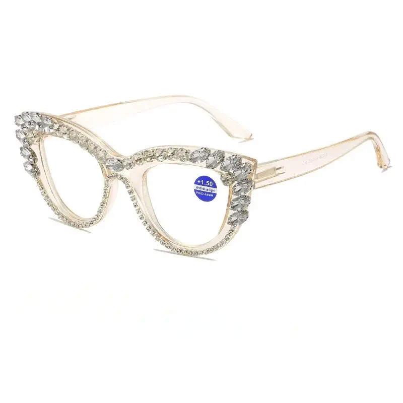 2025 Trendy Diamond Inlaid Presbyopia Eyewear Personalized Cat Eye Reading Glasses Women Anti Blue Light Far Sight Glasses