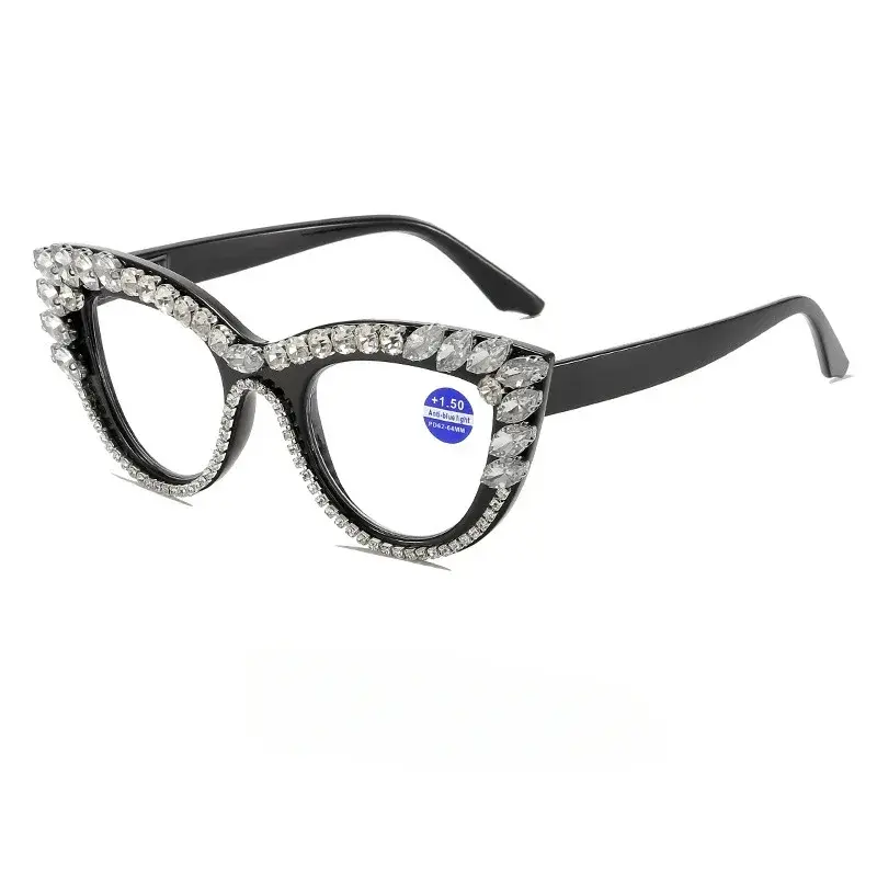 2025 Trendy Diamond Inlaid Presbyopia Eyewear Personalized Cat Eye Reading Glasses Women Anti Blue Light Far Sight Glasses