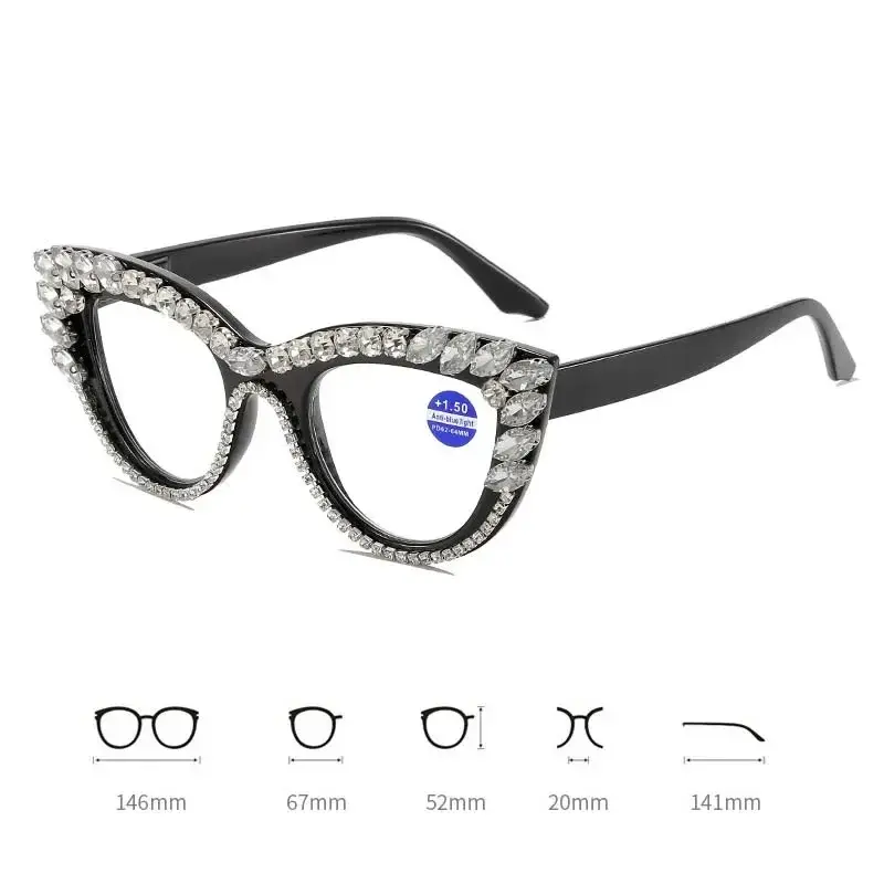 2025 Trendy Diamond Inlaid Presbyopia Eyewear Personalized Cat Eye Reading Glasses Women Anti Blue Light Far Sight Glasses