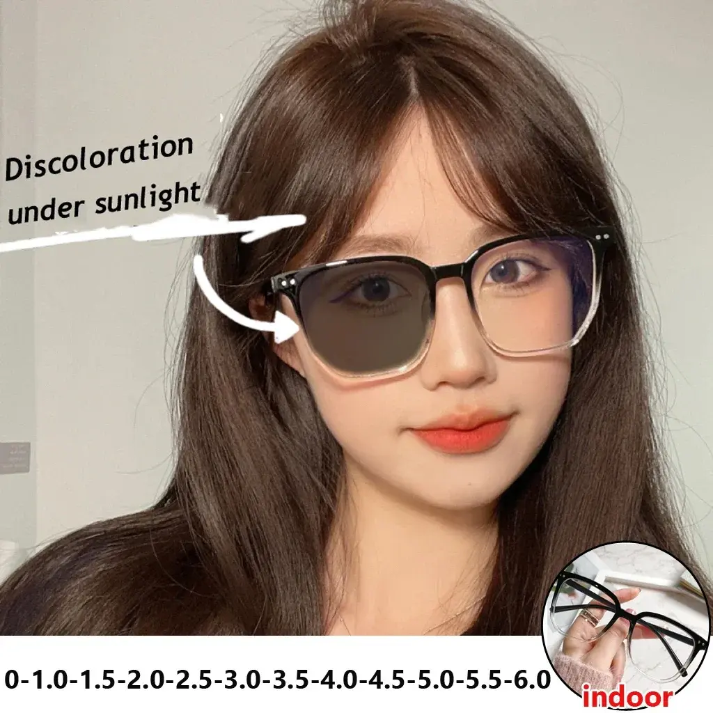 Photochromic Myopia Glasses Irregular Eyeglass Blue Light Blocking Eye Protection Near Sight Glasses Ultra Light Unisex Glasses