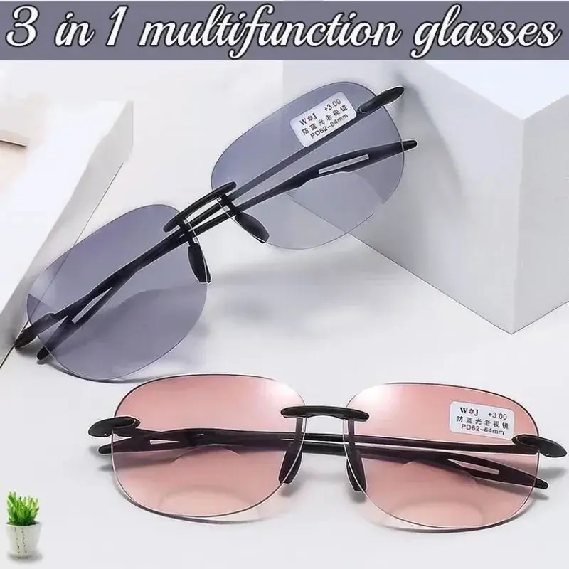 Frameless Presbyopia Glasses Progressive Bifocal Sun Reading Glasses for Middle-aged Fashionable Prescription Eyeglasses Diopter