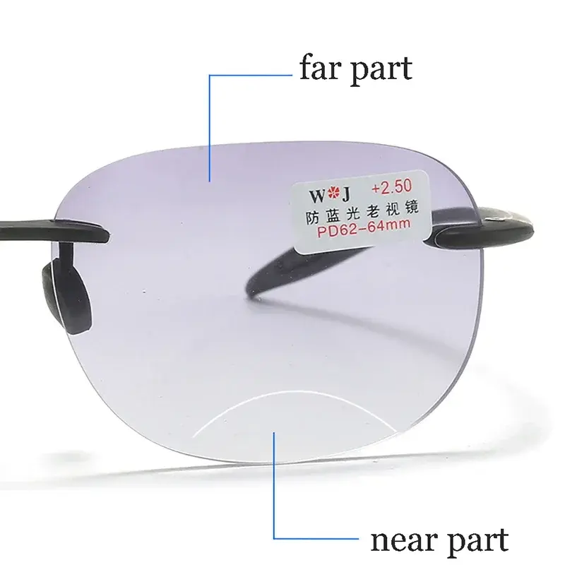 Frameless Presbyopia Glasses Progressive Bifocal Sun Reading Glasses for Middle-aged Fashionable Prescription Eyeglasses Diopter