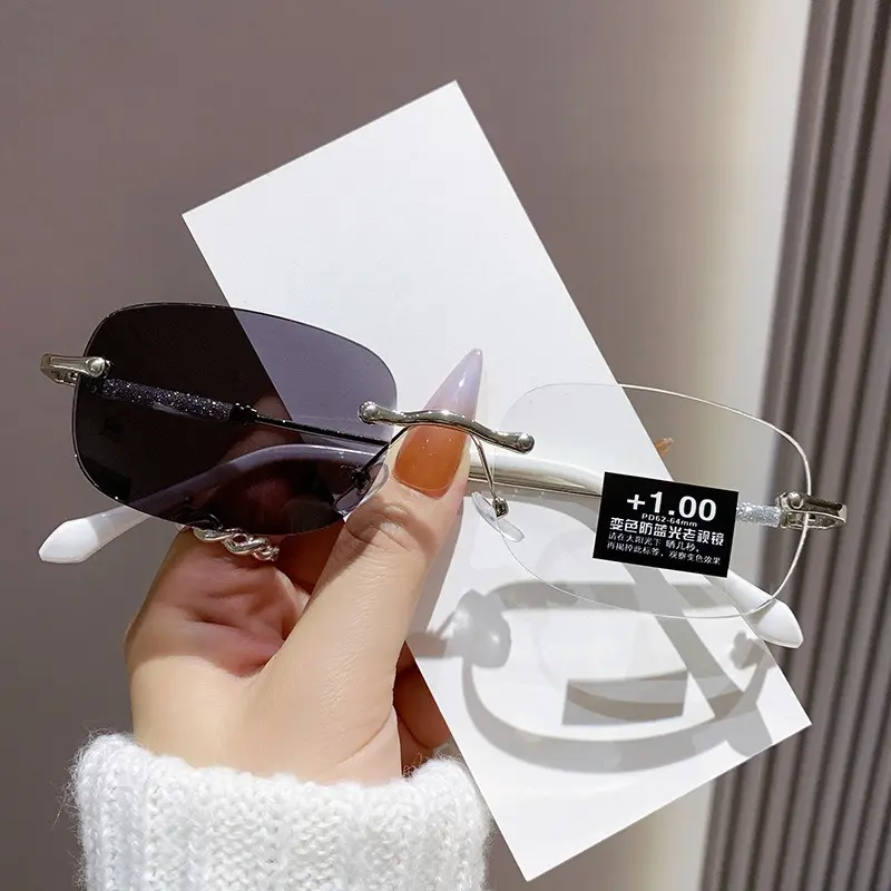 Light-sensitive Color-changing Presbyopia Glasses Anti-blue Light and Anti-ultraviolet Rays Cut Edge Rimless Reading Glasses