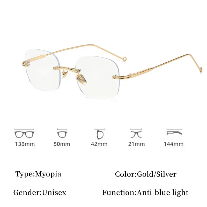 Vintage Frameless Near Sight Glasses Anti-blue Photochromic Myopia Glasses Ultralights Men Women Prescription Finished Eyewear