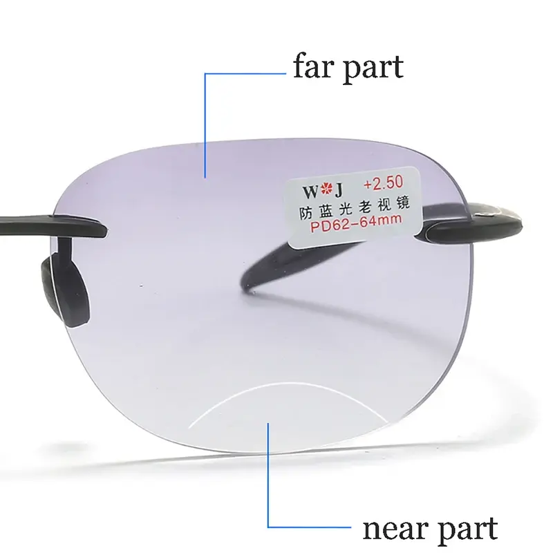 Progressive Bifocal Sun Reading Glasses for Middle-aged Frameless Presbyopia Glasses Fashionable Prescription Eyeglasses Diopter