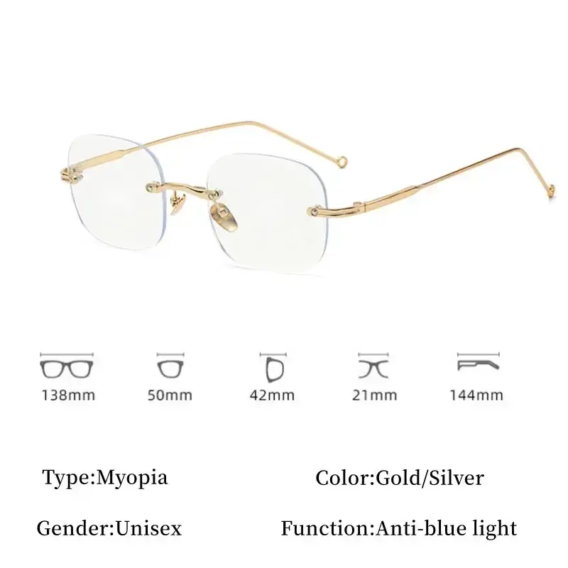 Frameless Ultra Light Myopia Glasses for Women's Retro Anti Blue Near Sight Eyeglasses Metal Frame Square Small Frame Eyewear