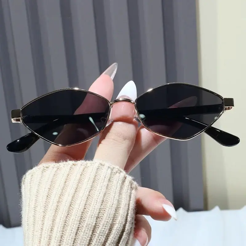 2025 New Trendy Metal Frame Cat Eye Sun Glasses Narrow Small Polygonal Sunglasses Women Shades Vintage Luxury Brand Eyewear