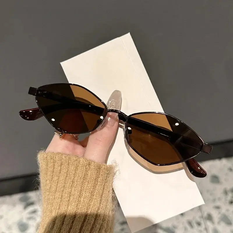 2025 New Trendy Metal Frame Cat Eye Sun Glasses Narrow Small Polygonal Sunglasses Women Shades Vintage Luxury Brand Eyewear