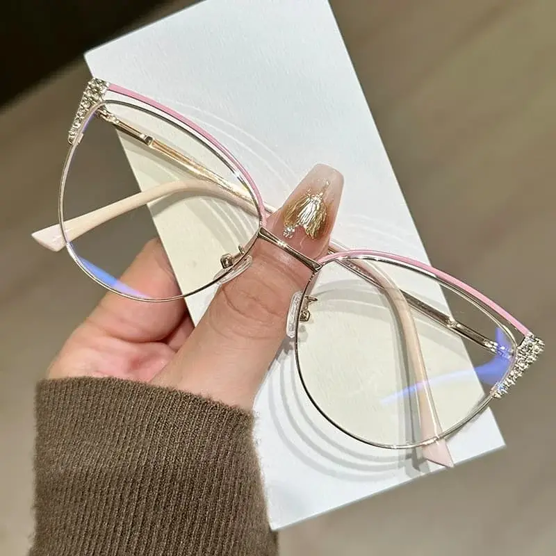 Men's and Women's Fashion Cat-Eye Flat Glasses Metal Frame with Diamonds Luxury Brand Designer Anti-Blue Light Glasses