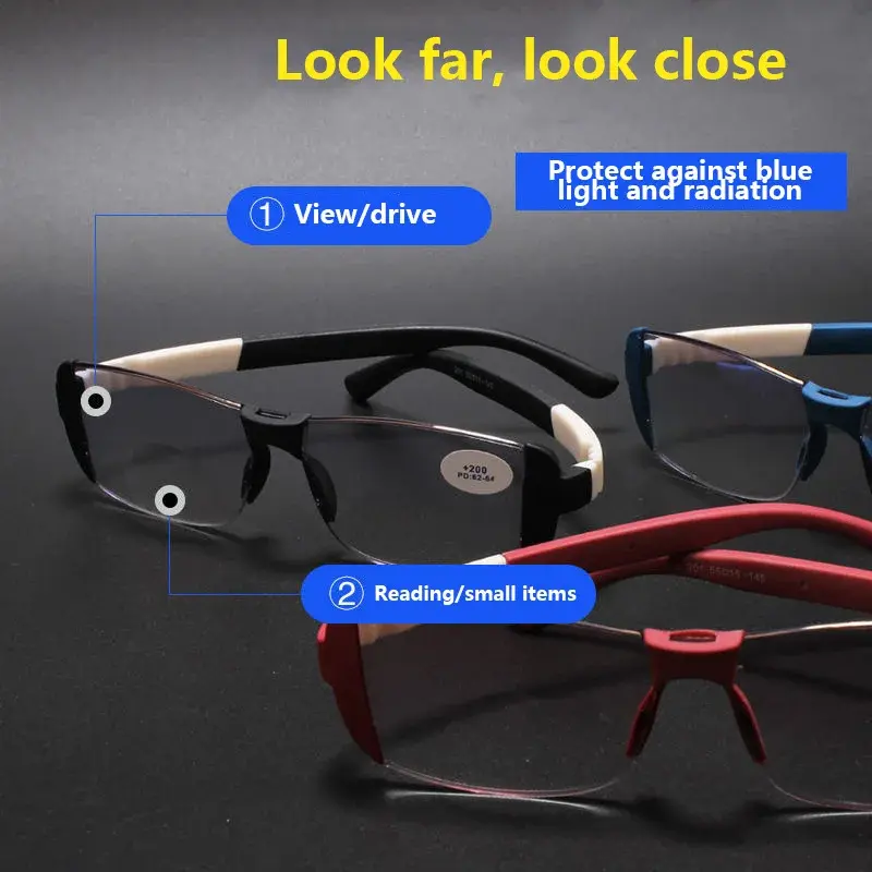 New Frameless Bifocal Reading Glasses Diamond Trimmed Fashion Presbyopia Eyeglasses Blue Light Blocking Eye Protection Eyewear
