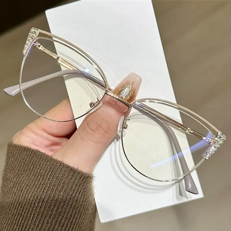 Men's and Women's Fashion Cat-Eye Flat Glasses Metal Frame with Diamonds Luxury Brand Designer Anti-Blue Light Glasses