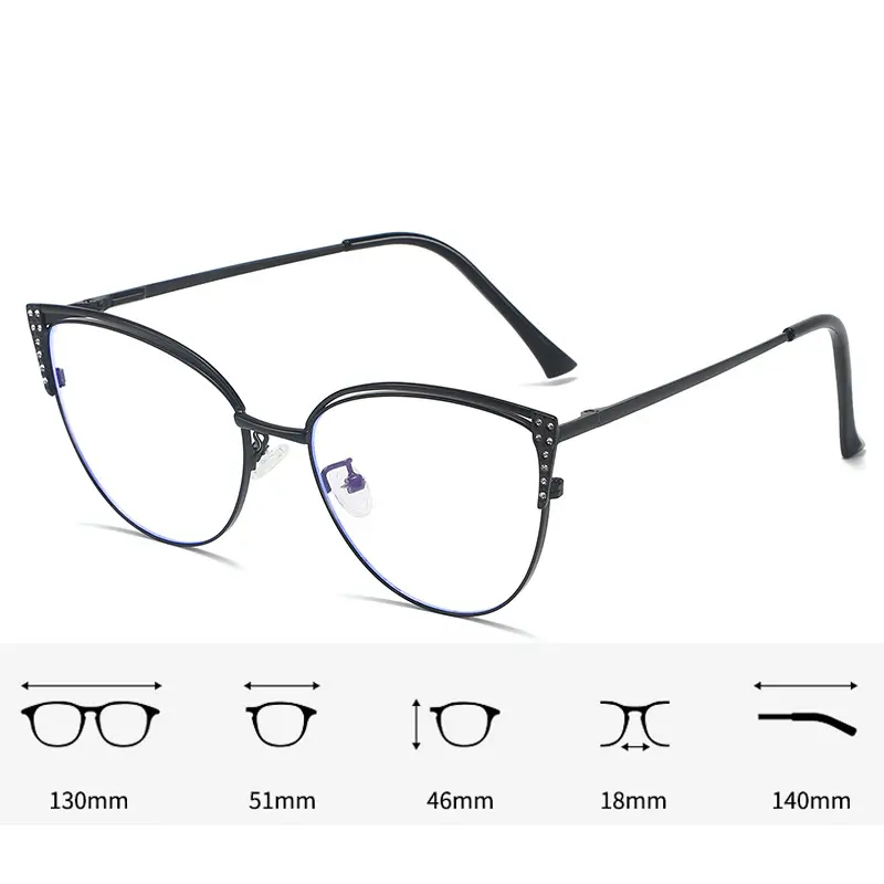 Men's and Women's Fashion Cat-Eye Flat Glasses Metal Frame with Diamonds Luxury Brand Designer Anti-Blue Light Glasses