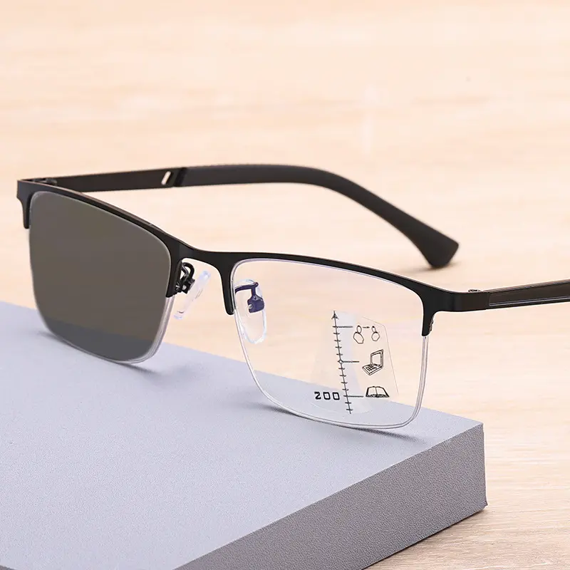 2024 Men Half Frame Business Color Changing Presbyopia Glasses Multifocal Reading Glasses Anti-blue Light Far Sight Glasses