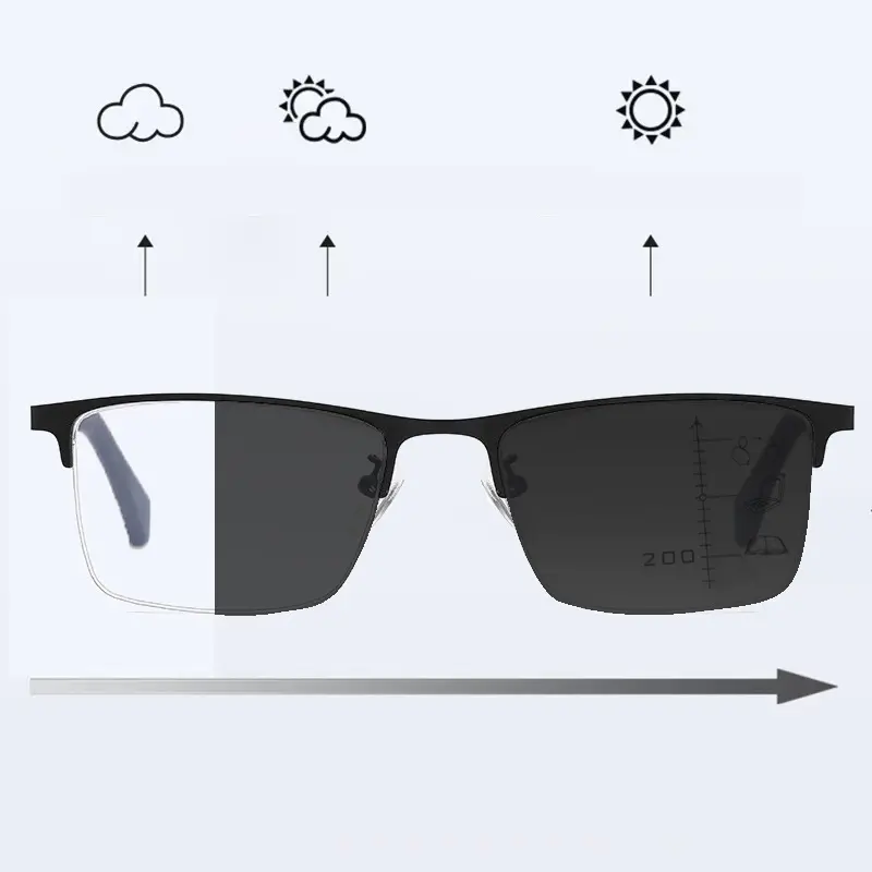 2024 Men Half Frame Business Color Changing Presbyopia Glasses Multifocal Reading Glasses Anti-blue Light Far Sight Glasses