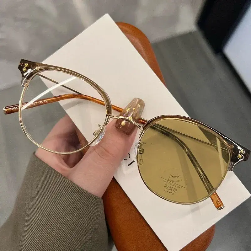 Ultra Light Unisex Short Sight Glasses Half Frame Photochromic Myopia Glasses Round Frame Anti-blue Light Near Sight Glasses