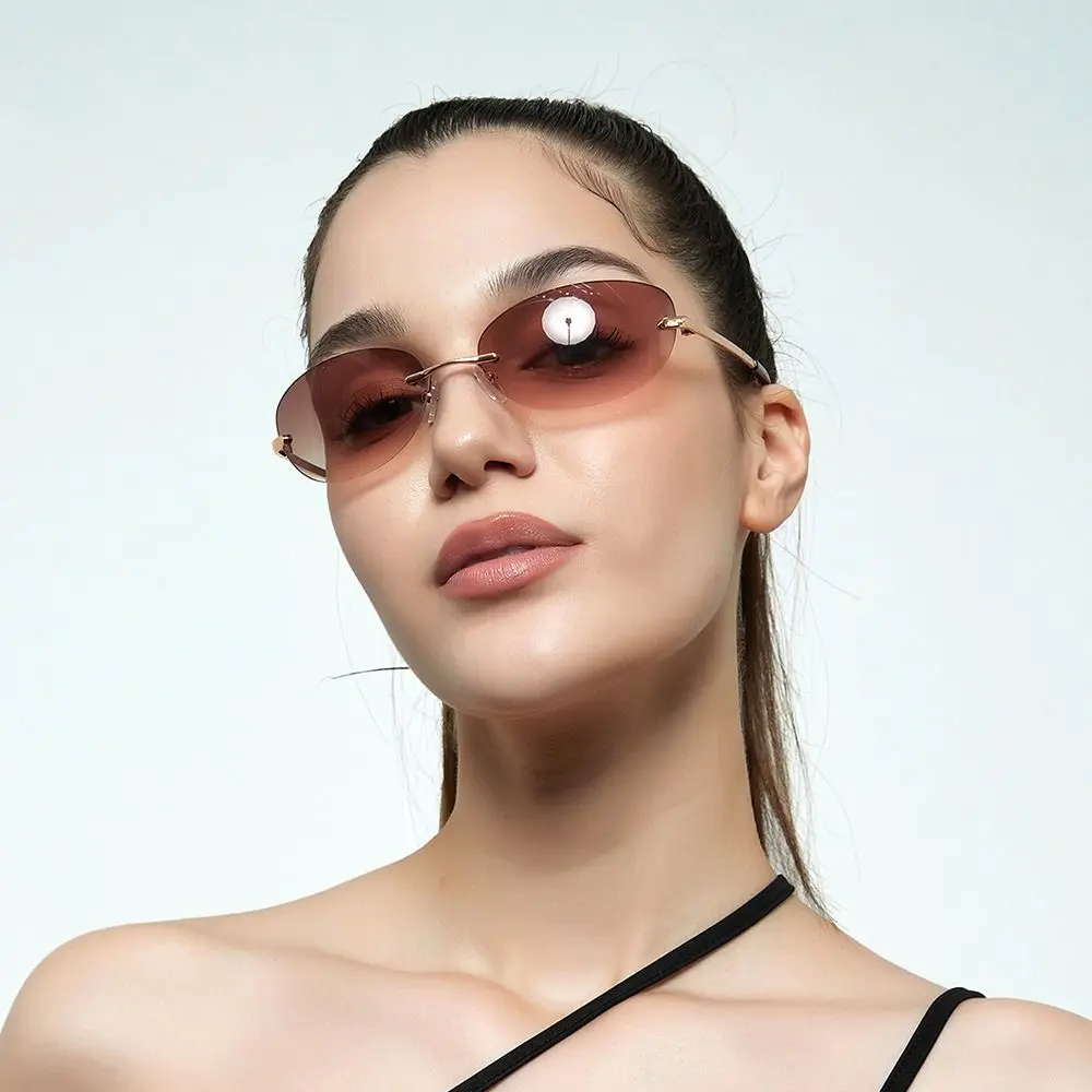 Rimless Sunglasses Women Fashion Oval 2000'S Brand Designer Sun Glasses Y2k Wrap Around Transparent Eyewear Gradient Shades