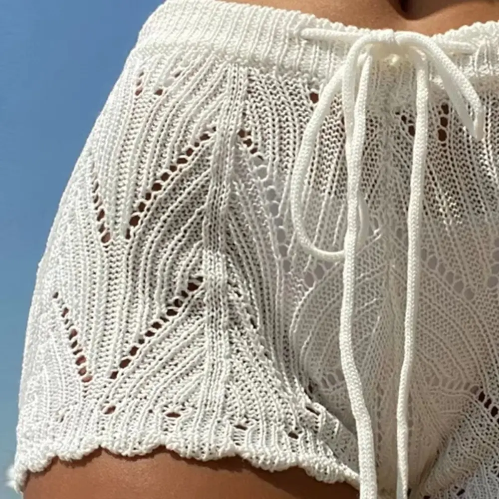 Sexy and Comfy Crochet Lace Shorts with Elastic Waistband and Drawstring for Women Bikini Bottom Crochet Lace Shorts