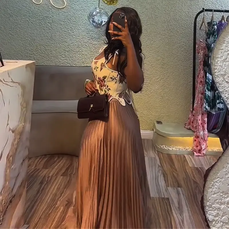 Women Printed Waist-Cinching Crop Top and High-waisted Pleated Skirt Two-piece Set Vintage Casual Elegant Corset Matching Set