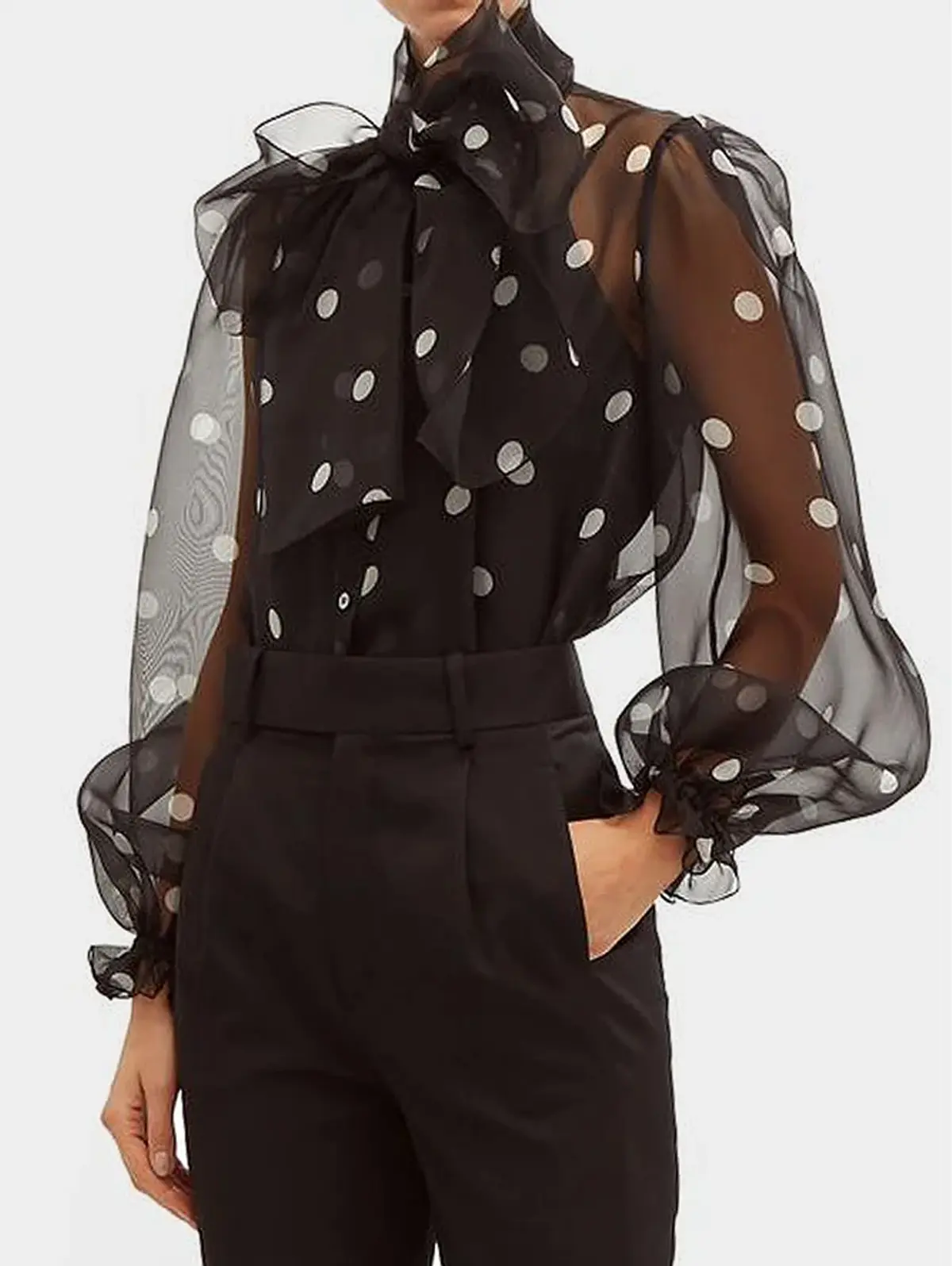 Women's Elegant Lantern Sleeve Shirt Chiffon Transparent Long Sleeve Sweet Lace-up Neck Polk Dot Casual Fashion Autumn Shirts