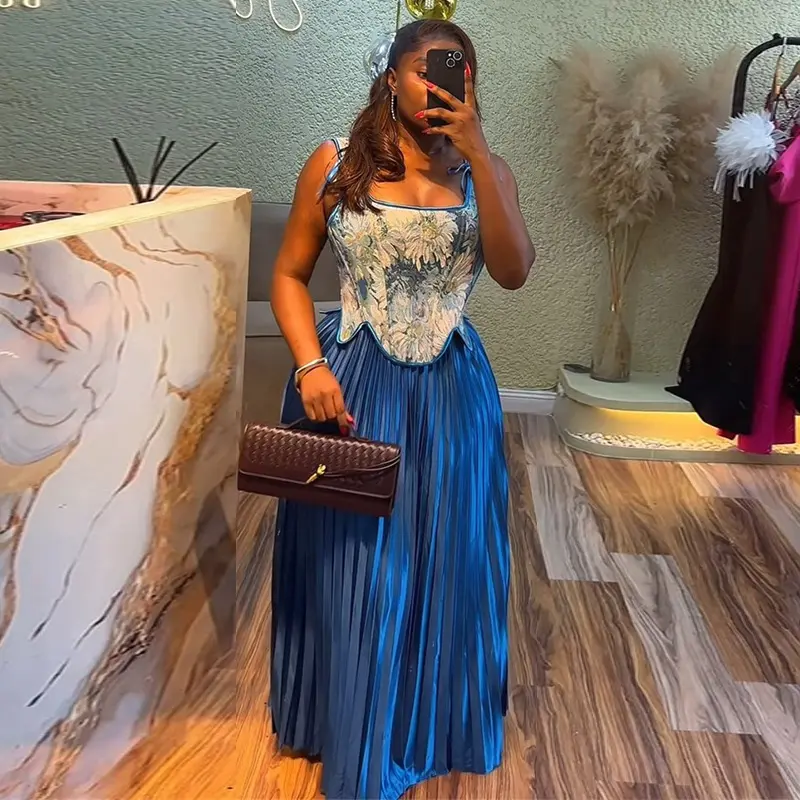 Women Printed Waist-Cinching Crop Top and High-waisted Pleated Skirt Two-piece Set Vintage Casual Elegant Corset Matching Set