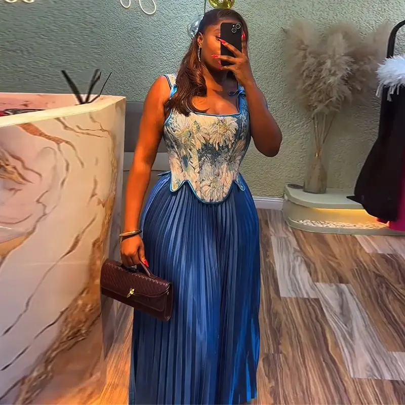 Women Printed Waist-Cinching Crop Top and High-waisted Pleated Skirt Two-piece Set Vintage Casual Elegant Corset Matching Set